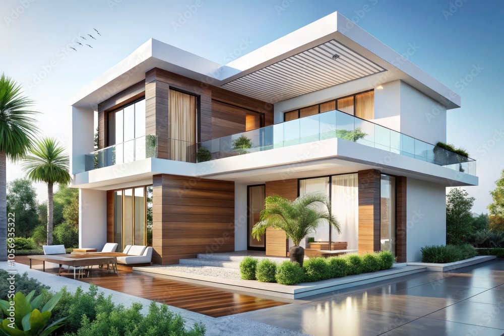 Fototapeta premium Modern Architectural Design in a Wide White Background - 3D Illustration, Minimalist Aesthetics, Clean Lines, Contemporary Structures, Architectural Visualization