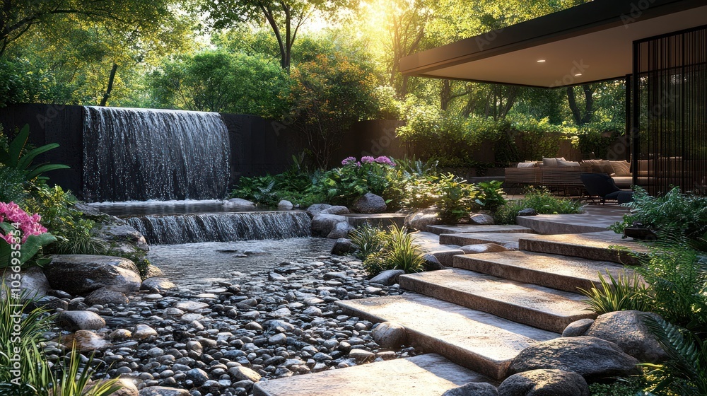 Obraz premium Serene garden with a waterfall, stone path, and lush greenery.