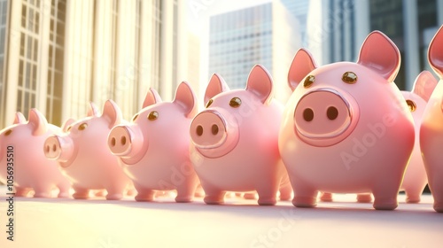 A row of colorful piggy banks in an urban setting, symbolizing savings, finance, and investment opportunities. photo