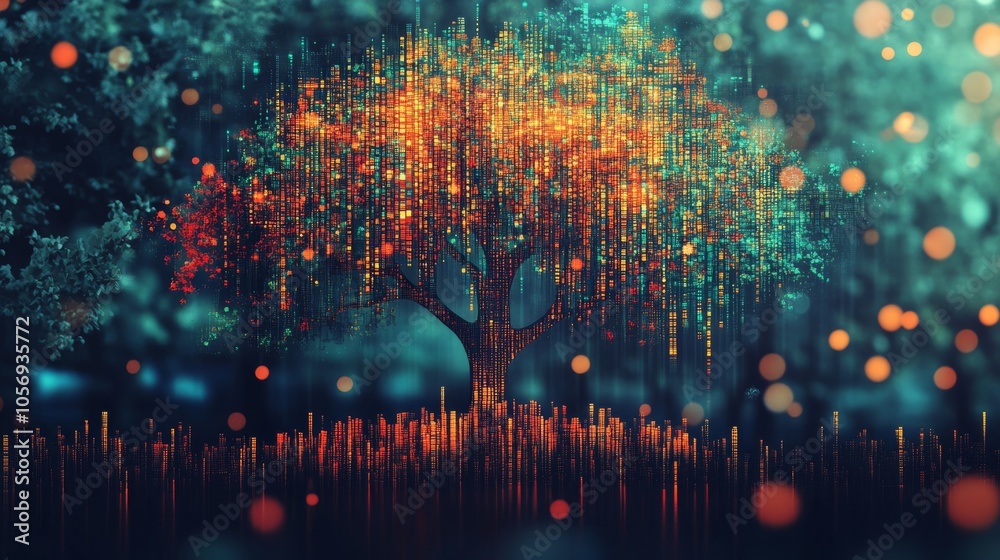 Fototapeta premium A Cityscape Tree Made of Digital Code and Lights