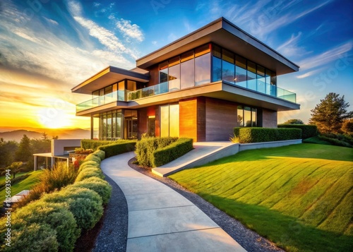 Modern House on the Hill: Stunning Landscape Photography of a Contemporary Home Surrounded by Nature, Capturing the Essence of Luxury Living and Scenic Beauty in a Serene Environment