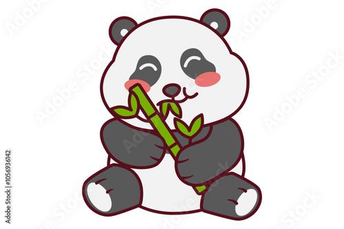 Cute Happy Panda Eating Bamboo Illustration