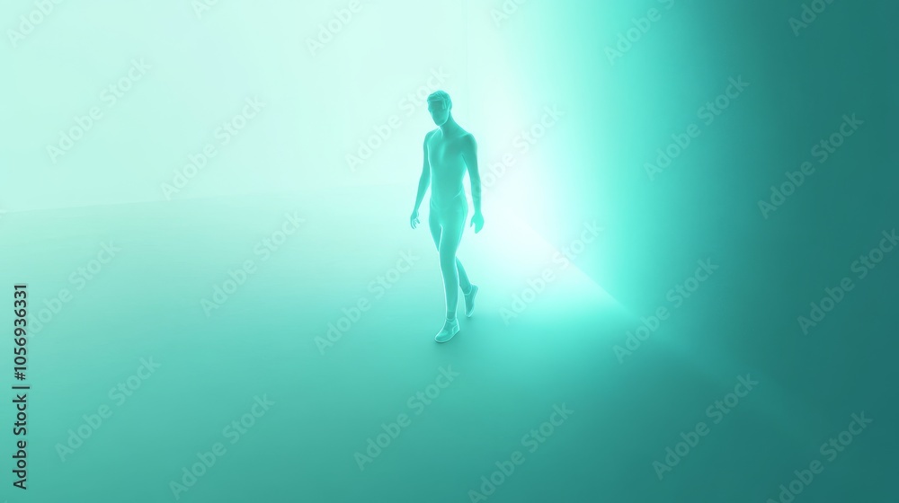 A serene humanoid figure walks through a soft, glowing space, embodying tranquility and exploration in a dreamlike environment. A serene humanoid figure walks through a soft, glowing space, embodying tranquility and exploration in a dreamlike environment.