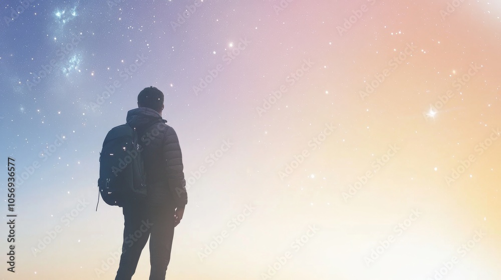 A serene landscape of a traveler gazing at a colorful sky filled with stars and galaxies, inspiring adventure and wonder. A serene landscape of a traveler gazing at a colorful sky filled with stars and galaxies, inspiring adventure and wonder.