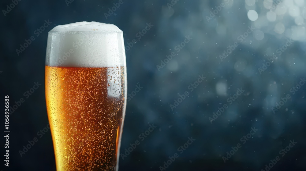 Pouring beer into a frosty glass with rising foam in a dark pub atmosphere, perfect for your text above. Pouring beer into a frosty glass with rising foam in a dark pub atmosphere, perfect for your text above.