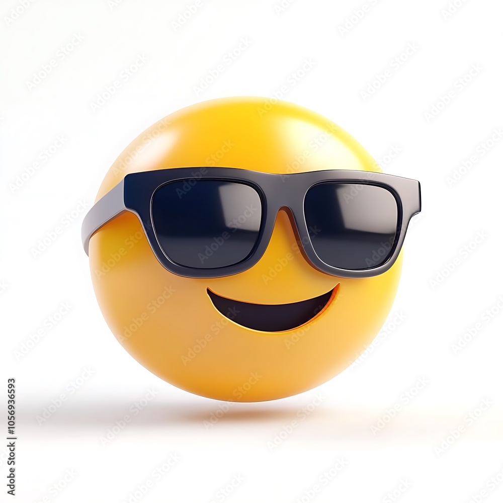 Cartoon smiley face wearing a cool pair of sunglasses on a white background.
