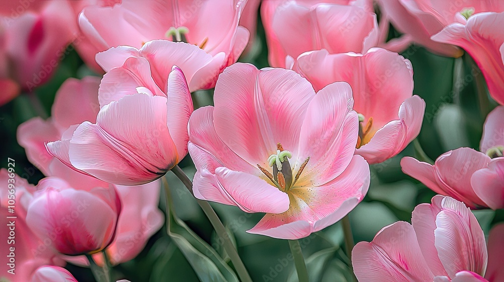 Fototapeta premium Pink tulips in full bloom enchanting floral display soft pastel hues