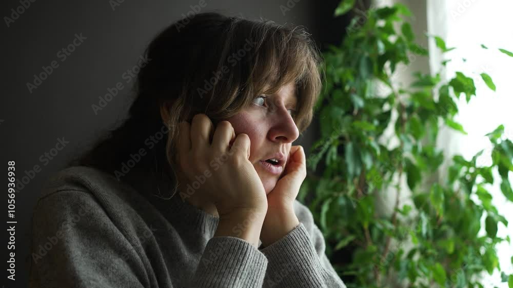 Young woman is expressing sadness and worry while looking through a window. She is touching her face with different hand gestures Young woman is expressing sadness and worry while looking through a window. She is touching her face with different hand gestures