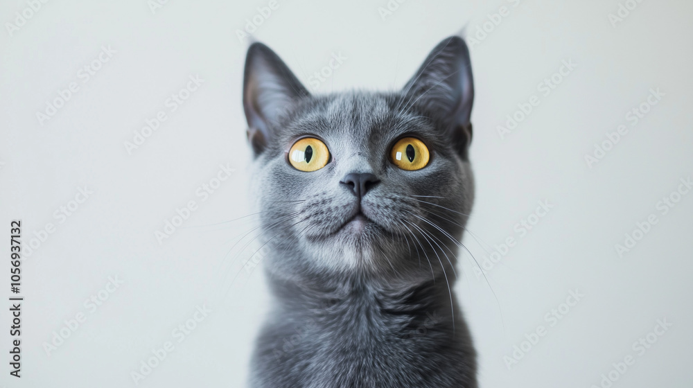 Studio portrait of a gray cat with yellow eyes, sitting and looking up against a light white background. Studio portrait of a gray cat with yellow eyes, sitting and looking up against a light white background.