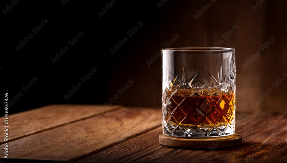 A whiskey glass resting on a wooden table, set against a dark background, evoking a warm, rustic atmosphere A whiskey glass resting on a wooden table, set against a dark background, evoking a warm, rustic atmosphere