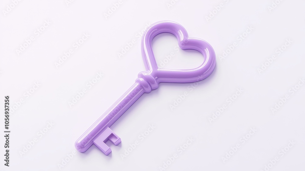 Whimsical Heart-Shaped Purple Key on a White Background Whimsical Heart-Shaped Purple Key on a White Background