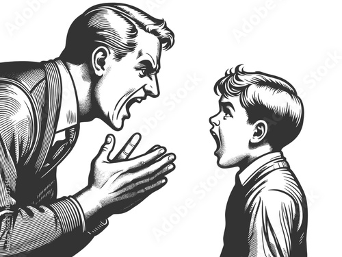 angry father man shouting at his son young boy, intense emotional confrontation, dramatic expression sketch engraving generative ai vector illustration. Scratch board imitation. Black and white image.