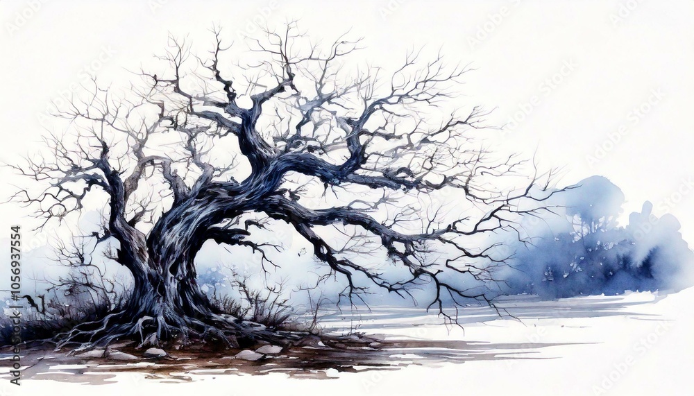Tree with barren branches, white isolate background Tree with barren branches, white isolate background