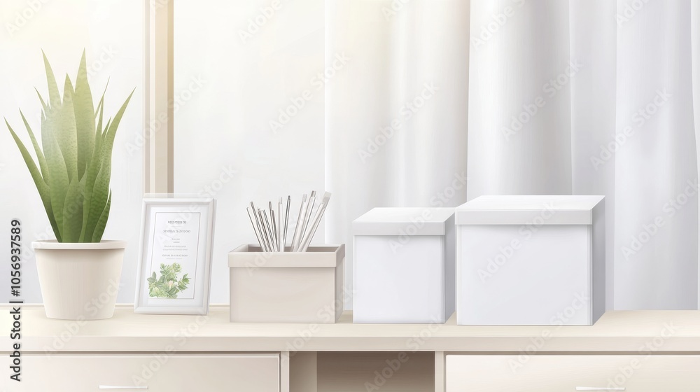 A serene workspace scene featuring a potted plant, storage boxes, and decorative frame against light curtains. A serene workspace scene featuring a potted plant, storage boxes, and decorative frame against light curtains.