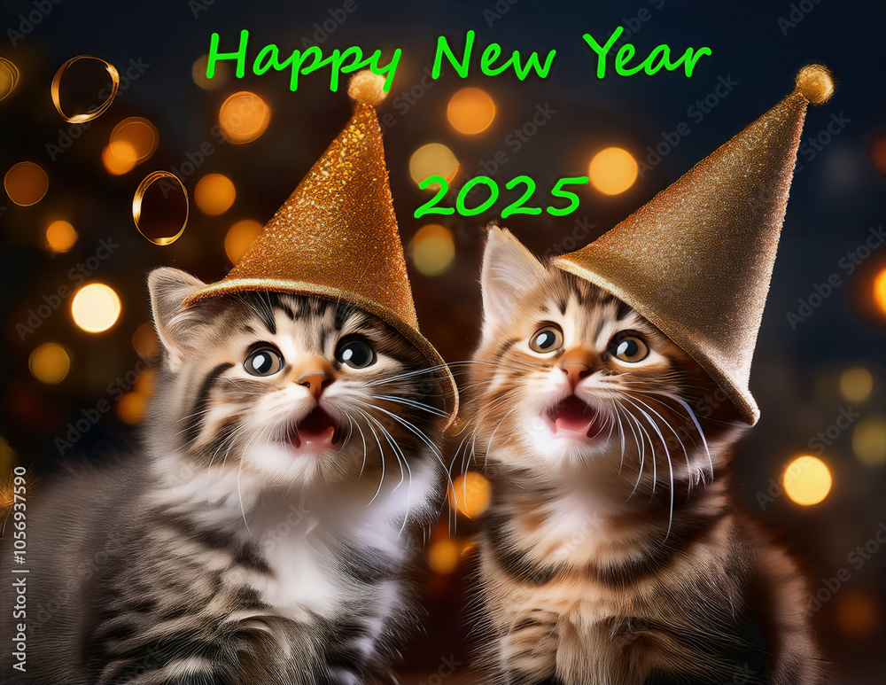 Zwei kleine Katze mit Partyhüte feiern Silvester