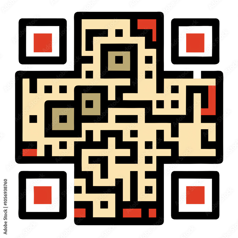 Stylized, intricate QR code in beige, red, and black, presenting a geometric, artistic design, set against a transparent background Stylized, intricate QR code in beige, red, and black, presenting a geometric, artistic design, set against a transparent background