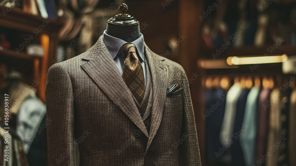 A stylish, patterned suit displayed on a mannequin in a chic clothing store, showcasing elegance and fashion sophistication. A stylish, patterned suit displayed on a mannequin in a chic clothing store, showcasing elegance and fashion sophistication.