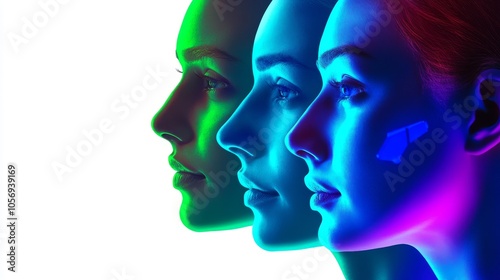 A striking image showcasing three profiles illuminated with vibrant neon colors, highlighting beauty and diversity.