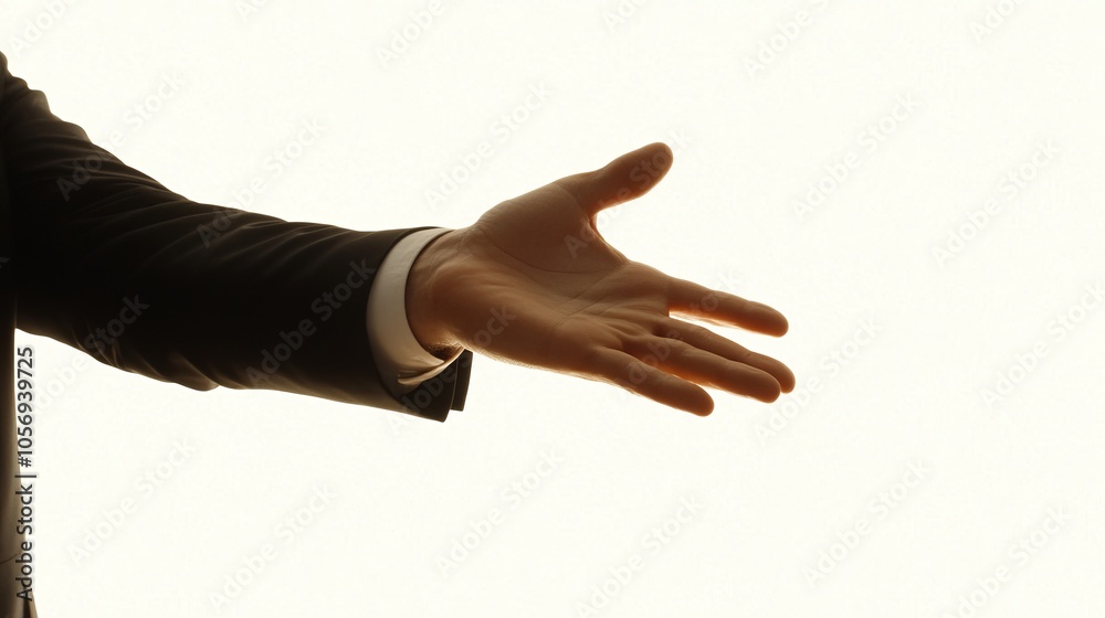 A businessman offers his open hand against a bright background, representing invitation, opportunity, and positive leadership in a professional and modern atmosphere. A businessman offers his open hand against a bright background, representing invitation, opportunity, and positive leadership in a professional and modern atmosphere.