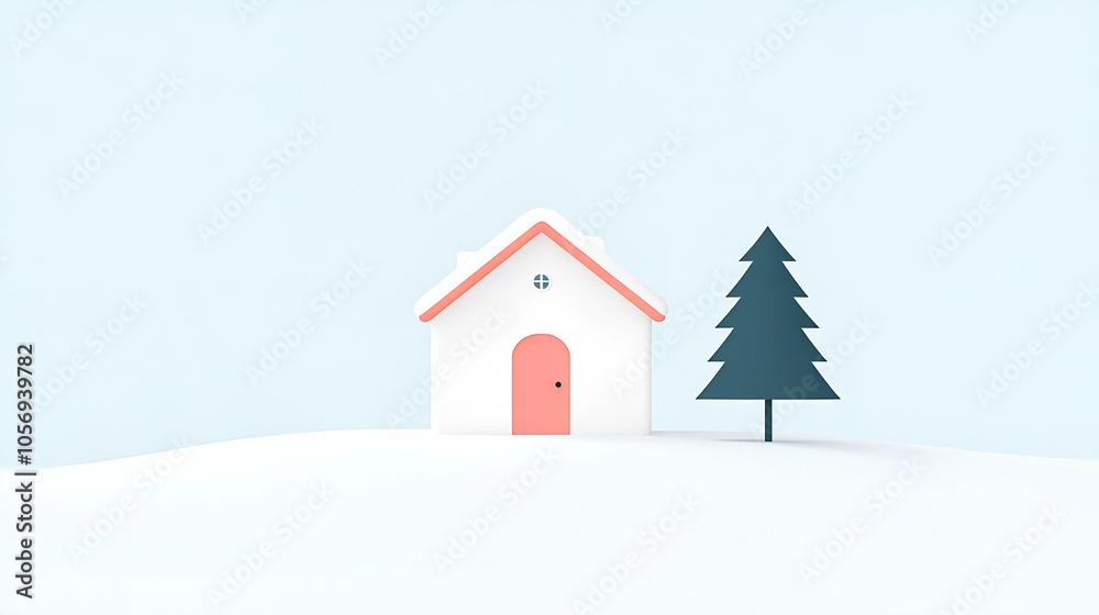 Minimalist Winter Scene with House and Tree on Snowy Landscape Minimalist Winter Scene with House and Tree on Snowy Landscape