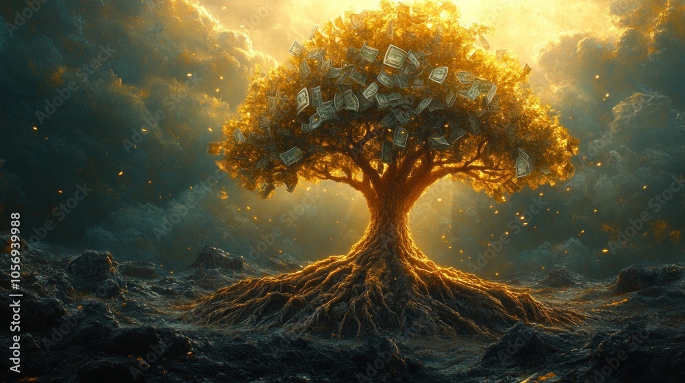 Fototapeta premium A luminous tree with golden leaves against a dramatic sky.