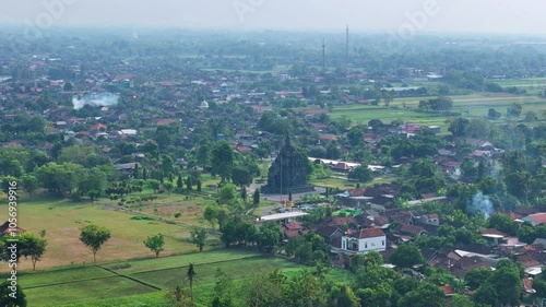 Aerial view of Sojiwan Temple in the middle of countryside. Hindu cultural heritage temple. 4K drone footage of historical ancient building.. 4K drone footage. photo