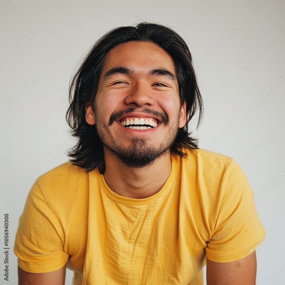 Portrait of a smiling young man in a yellow shirt exuding happiness and confidence against a neutral background Portrait of a smiling young man in a yellow shirt exuding happiness and confidence against a neutral background
