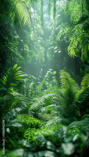 Lush Rainforest Sanctuary: Sunlight Dapples Through Emerald Canopy