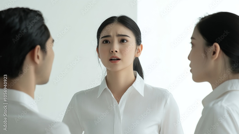 A tense conversation among three professionals in a minimalist setting, showcasing varying emotions and expressions. A tense conversation among three professionals in a minimalist setting, showcasing varying emotions and expressions.