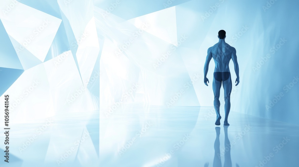 A tranquil scene featuring a figure walking through a futuristic, abstract landscape made of ice and light. A tranquil scene featuring a figure walking through a futuristic, abstract landscape made of ice and light.