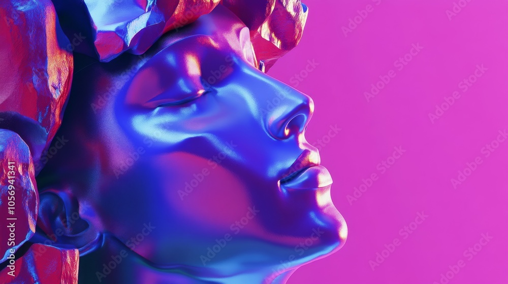 A vibrant and artistic representation of a sculpted face, reflecting surreal colors and textures against a striking background. A vibrant and artistic representation of a sculpted face, reflecting surreal colors and textures against a striking background.