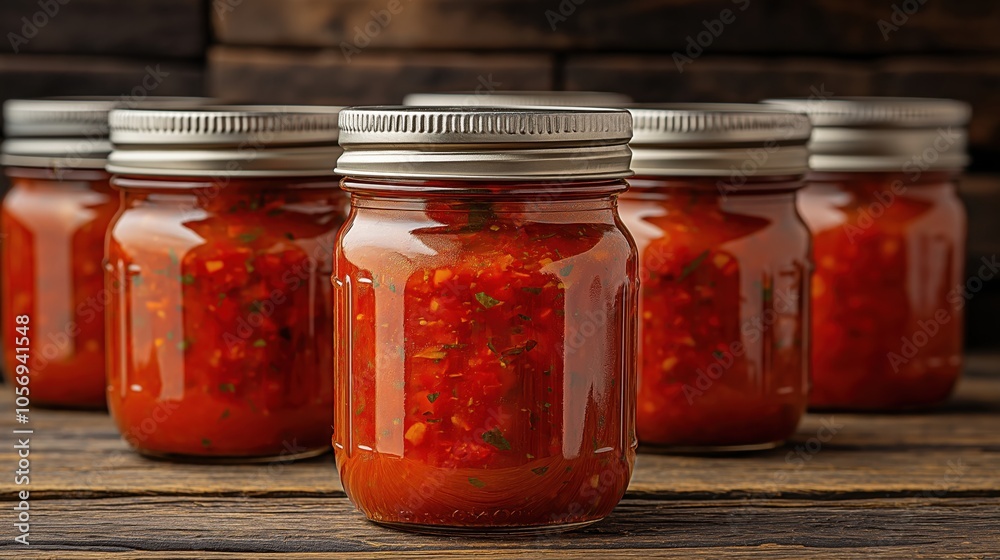Jars of homemade salsa arranged on a wooden surface, featuring a vibrant red color with visible herbs and vegetables inside the jars and sealed with silver lids. Jars of homemade salsa arranged on a wooden surface, featuring a vibrant red color with visible herbs and vegetables inside the jars and sealed with silver lids.