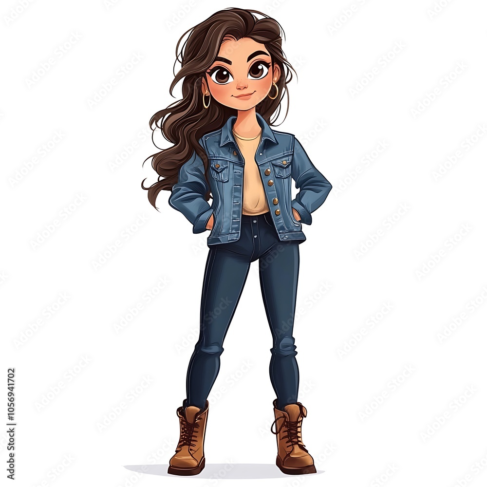 Fototapeta premium Cartoon girl in a denim jacket and boots on a white background.