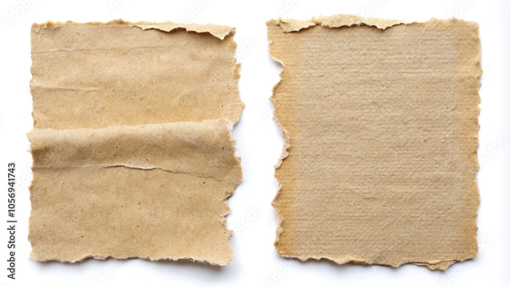 Brown old paper with torn edges texture for using as text box, Isolated white background