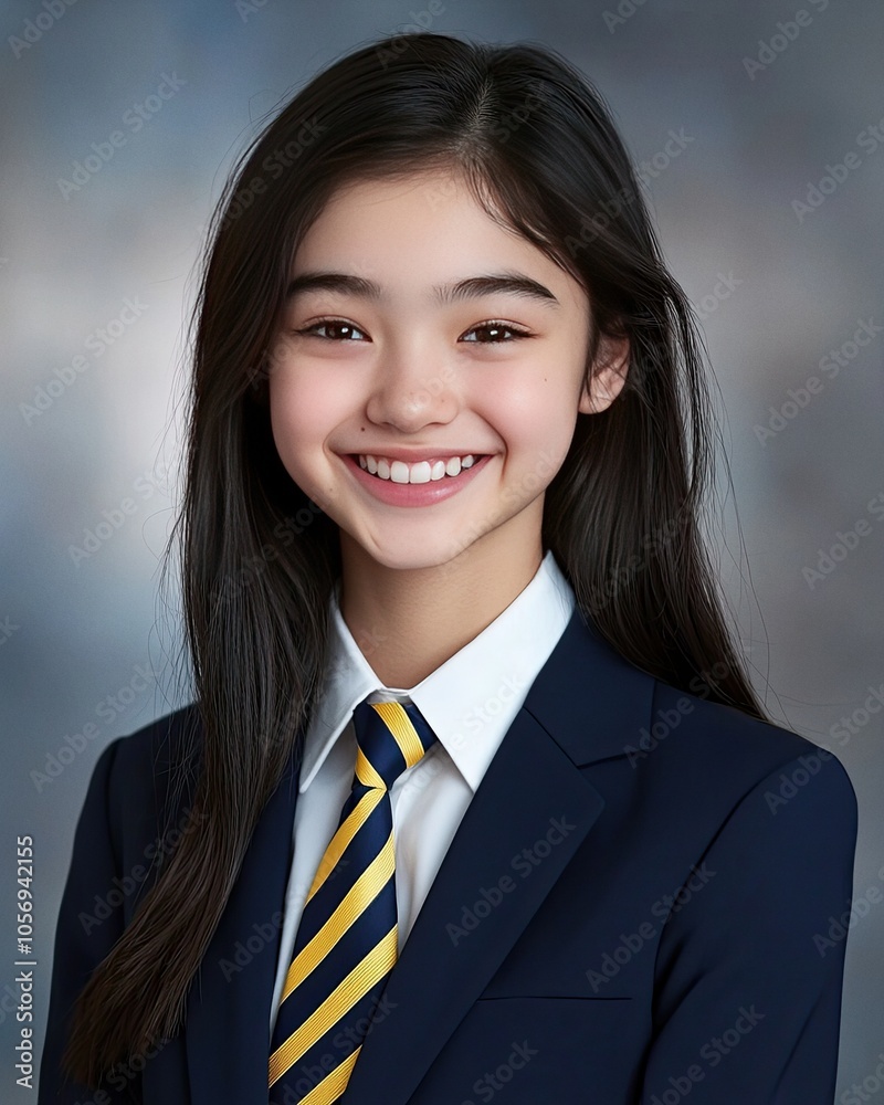 Studio portrait of an Asian girl wearing a school uniform with navy blazer Studio portrait of an Asian girl wearing a school uniform with navy blazer