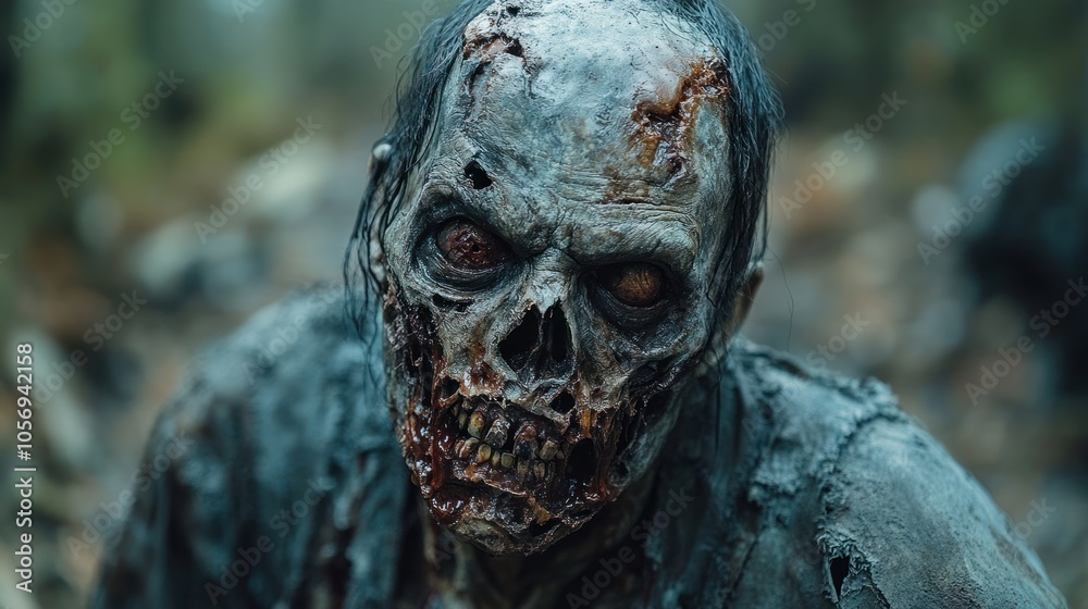 A close-up of a decaying zombie in a forest setting.