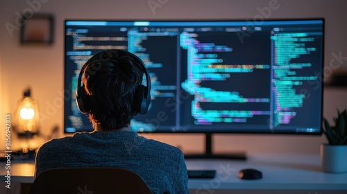 A man is sitting in front of a computer monitor with a green screen