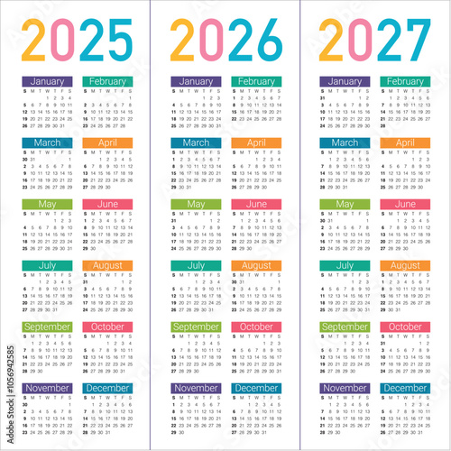 2025 2026 2027 year calendar vector design template