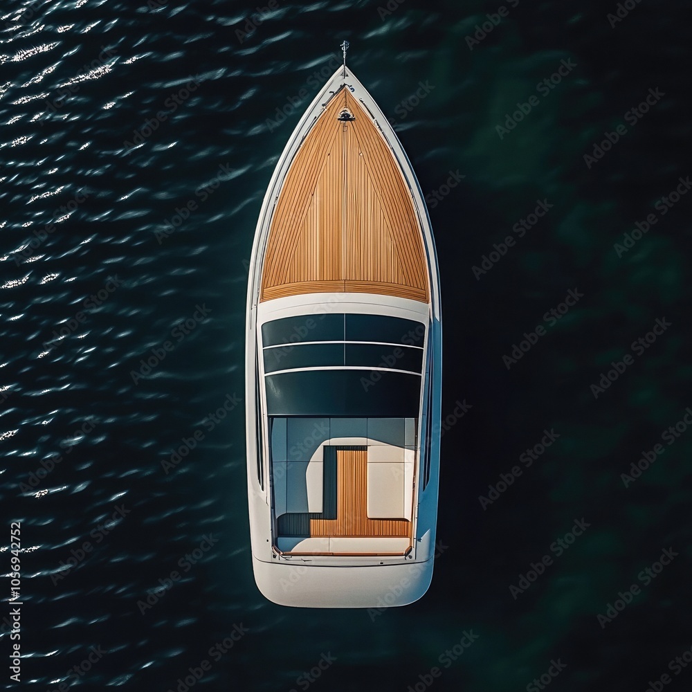 Top-down view of elegant speed boat on dark green water background Top-down view of elegant speed boat on dark green water background