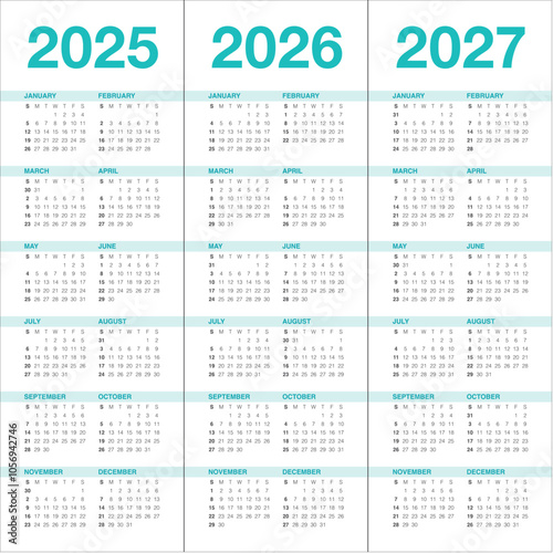 2025 2026 2027 year calendar vector design template