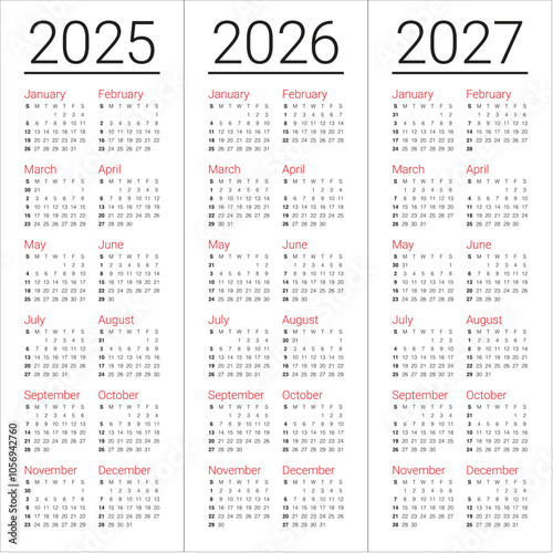 2025 2026 2027 year calendar vector design template