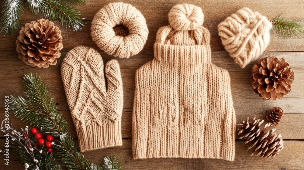 Cozy Knitted Winter Accessories on Wooden Surface Cozy Knitted Winter Accessories on Wooden Surface