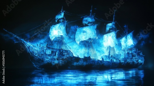 Glowing Ghost Ship Sailing on a Dark Sea photo