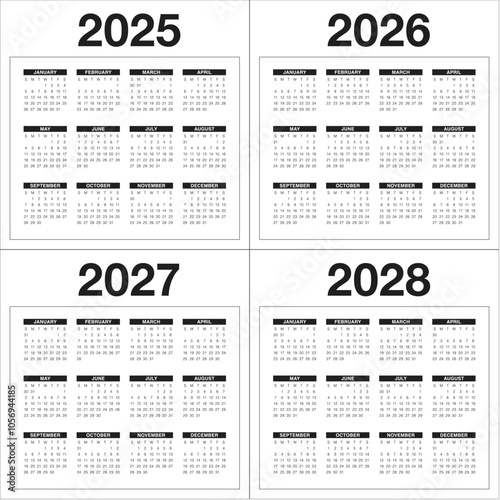 2025 2026 2027 2028 year calendar vector design template