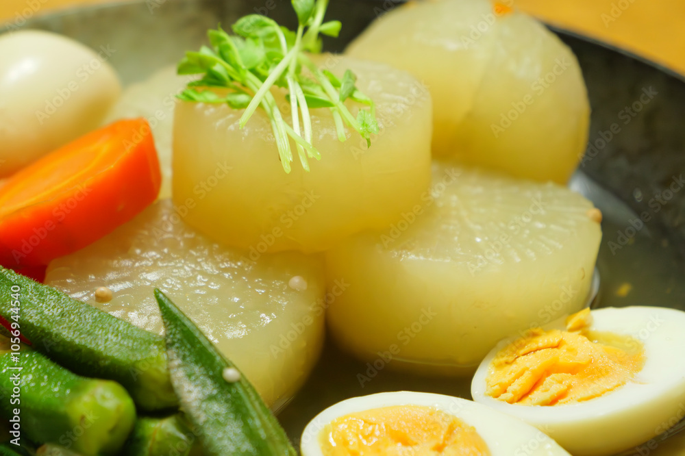 Boiled food, using vegetables such as radish, carrots, okra, etc. and eggs as ingredients, traditional Japanese home cooking Boiled food, using vegetables such as radish, carrots, okra, etc. and eggs as ingredients, traditional Japanese home cooking