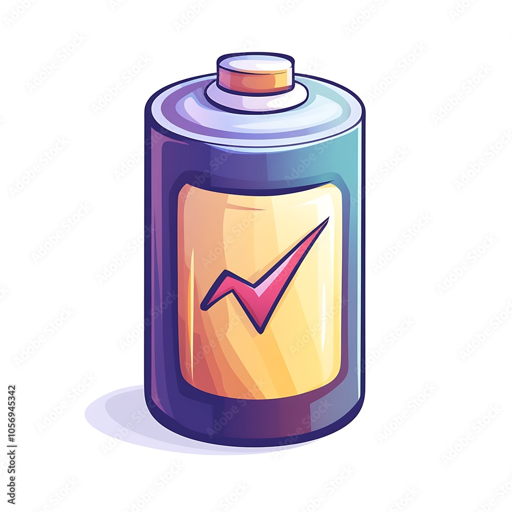 Cartoon battery icon symbolizing power or energy levels on a white background. Cartoon battery icon symbolizing power or energy levels on a white background.