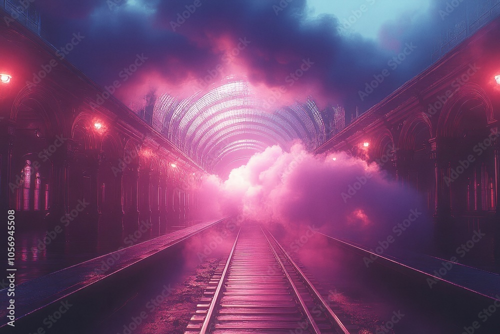 Fototapeta premium Vintage train station with glowing lights and steam billowing