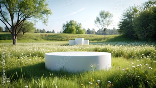 White platform product podium with earth lush green grass and trees under a clear blue sky for promotion advertisement