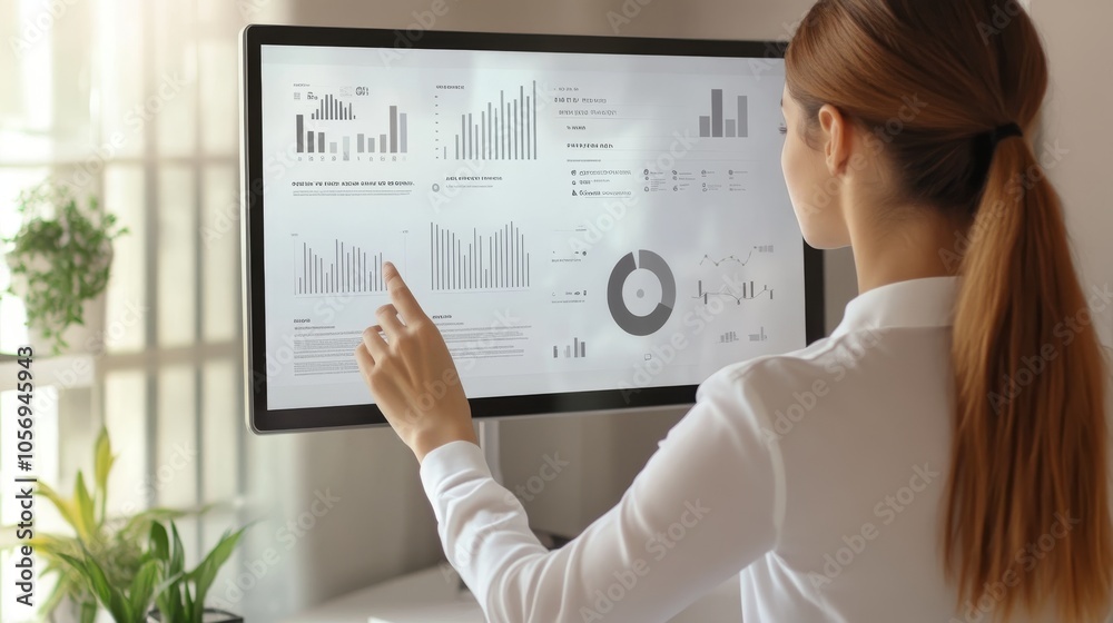 Businesswoman analyzing data on a desktop screen, focusing on graphs and charts for strategic decision-making. Businesswoman analyzing data on a desktop screen, focusing on graphs and charts for strategic decision-making.