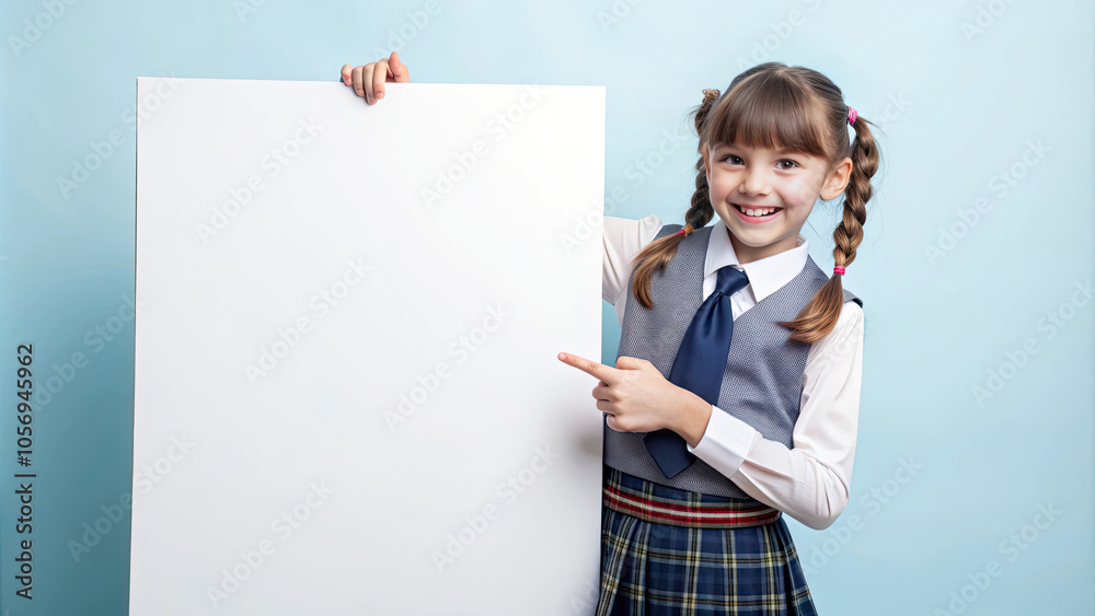 Smiling schoolgirl pointing at blank mock up poster with copy space wearing a uniform for advertisement marketing Smiling schoolgirl pointing at blank mock up poster with copy space wearing a uniform for advertisement marketing